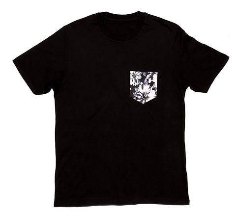 Premium Cut and Sew Black Pocket Tee - Chracoal Floral Pocket -